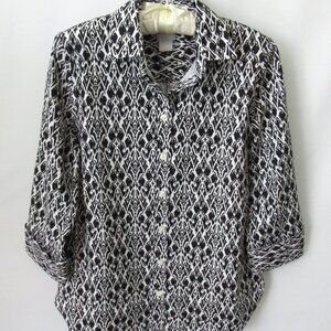Chico's black white geo 3/4 sleeve no-iron button front shirt *Sz 00(2)*